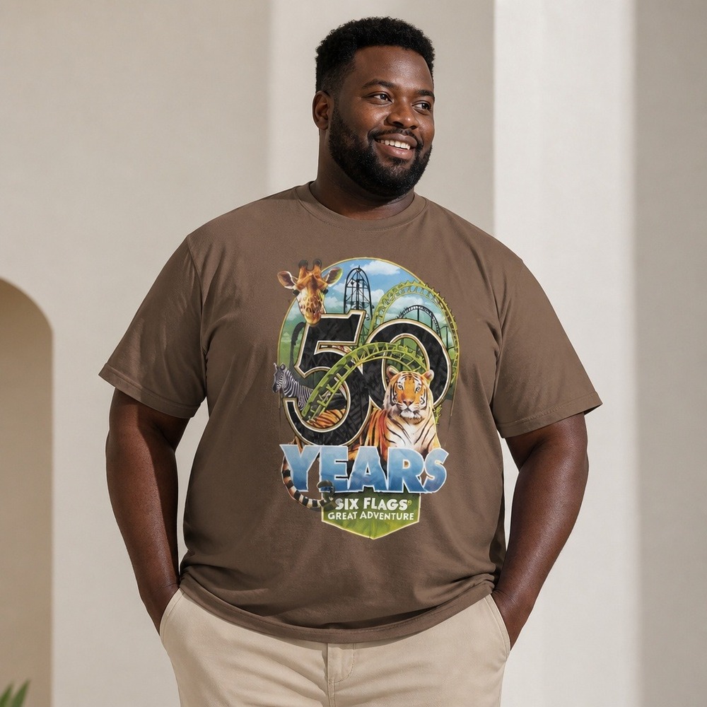 Six Flags T-Shirt Men 2XL Brown New 50 Years Safari Graphic Tee
